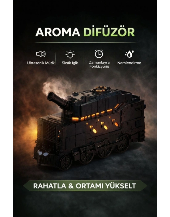 ® Buhar Efektli Zırhlı Tren Tasarımlı Aromaterapi Hava Nemlendirici – LED Işıklı, Sessiz ve USB Şarjlı