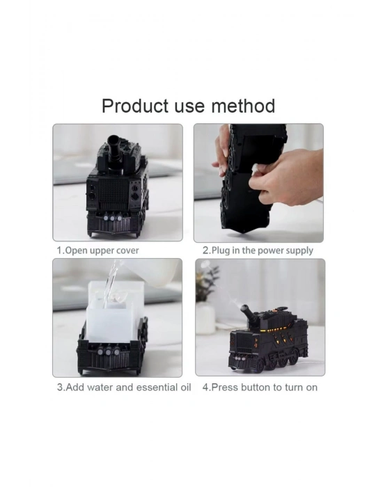 ® Buhar Efektli Zırhlı Tren Tasarımlı Aromaterapi Hava Nemlendirici – LED Işıklı, Sessiz ve USB Şarjlı