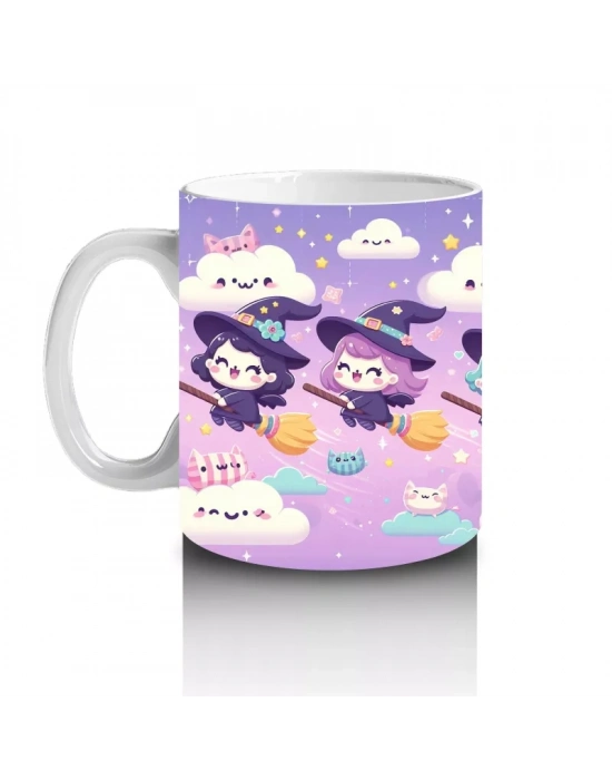 Bulutlar Üzerinde Uçan Şirin Hayaletler Temalı Cadılar Bayramı Baskılı Kupa