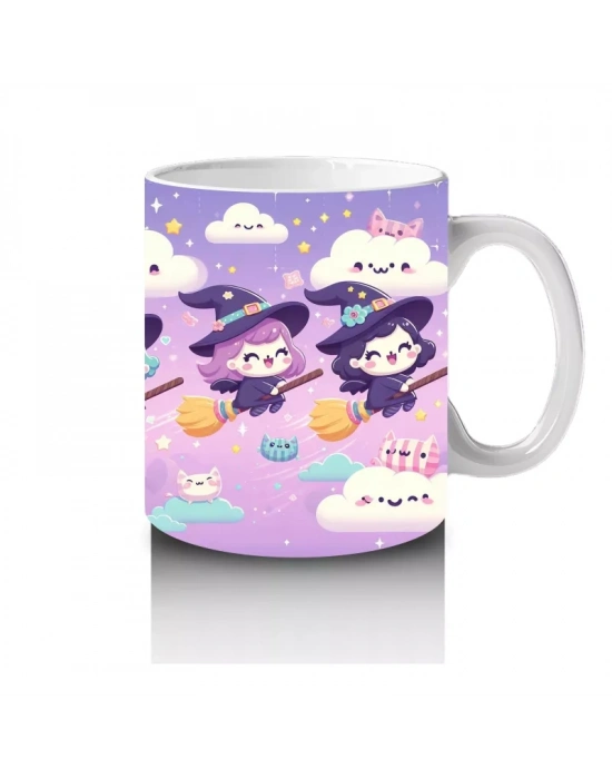 Bulutlar Üzerinde Uçan Şirin Hayaletler Temalı Cadılar Bayramı Baskılı Kupa