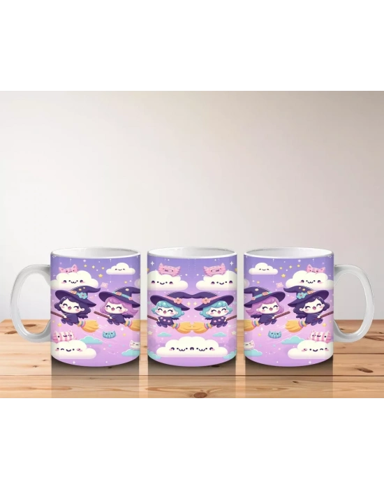 Bulutlar Üzerinde Uçan Şirin Hayaletler Temalı Cadılar Bayramı Baskılı Kupa