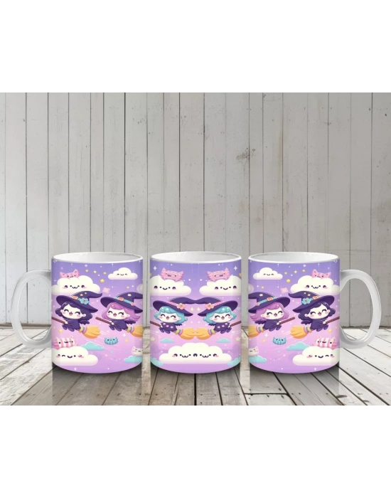 Bulutlar Üzerinde Uçan Şirin Hayaletler Temalı Cadılar Bayramı Baskılı Kupa