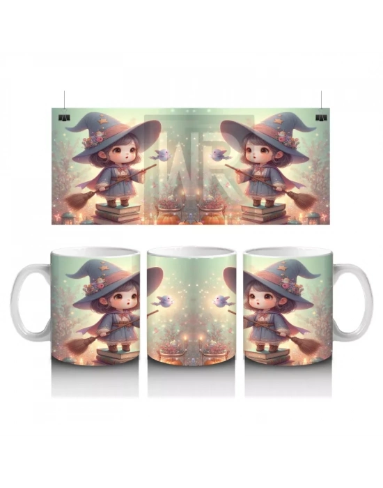 Büyü Kitabı Tutan Sevimli Cadı Kız Figürlü Çocuklara Özel Cadılar Bayramı Baskılı Kupa Bardak