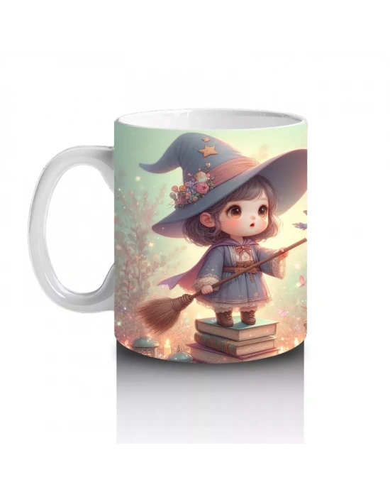Büyü Kitabı Tutan Sevimli Cadı Kız Figürlü Çocuklara Özel Cadılar Bayramı Baskılı Kupa Bardak