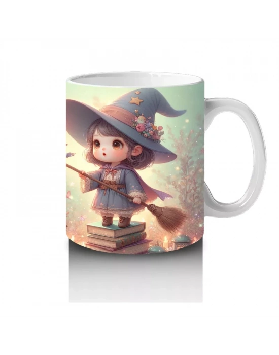Büyü Kitabı Tutan Sevimli Cadı Kız Figürlü Çocuklara Özel Cadılar Bayramı Baskılı Kupa Bardak