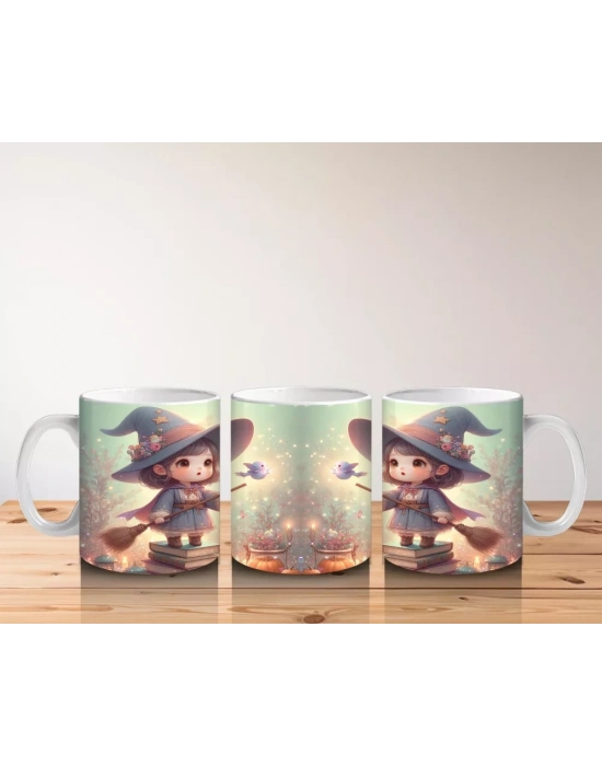 Büyü Kitabı Tutan Sevimli Cadı Kız Figürlü Çocuklara Özel Cadılar Bayramı Baskılı Kupa Bardak