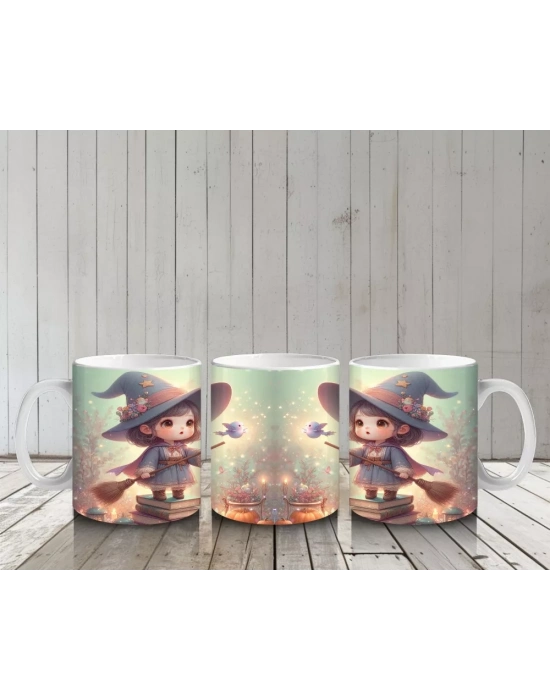 Büyü Kitabı Tutan Sevimli Cadı Kız Figürlü Çocuklara Özel Cadılar Bayramı Baskılı Kupa Bardak