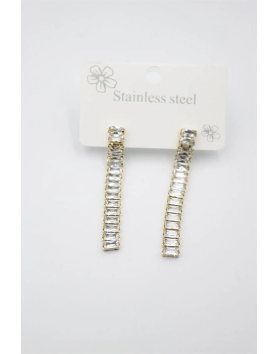 Büyük Baget Taşlı Çelik  Küpe - Altın