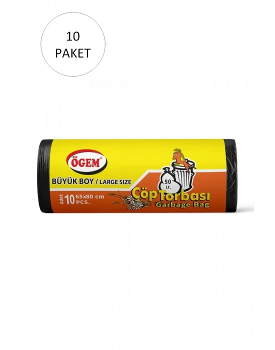 Büyük Boy Çöp Torbası 65 x 80 cm 10 Lu Rulo x 10 Paket = 100 Adet (Siyah)