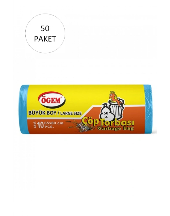 Büyük Boy Çöp Torbası 65 x 80 cm 10 Lu Rulo x 50 Paket = 500 Adet (Mavi)