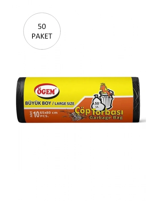 Büyük Boy Çöp Torbası 65 x 80 cm 10 Lu Rulo x 50 Paket = 500 Adet (Siyah)