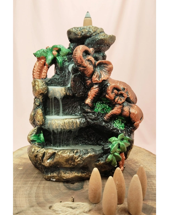 Buyuk Boy Fil Figürlü Biblo Model Geri Akış Şelale Tütsülük 5 Adet Koni Hediye