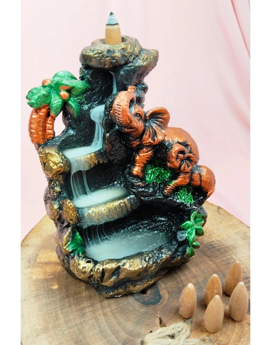 Buyuk Boy Fil Figürlü Biblo Model Geri Akış Şelale Tütsülük 5 Adet Koni Hediye