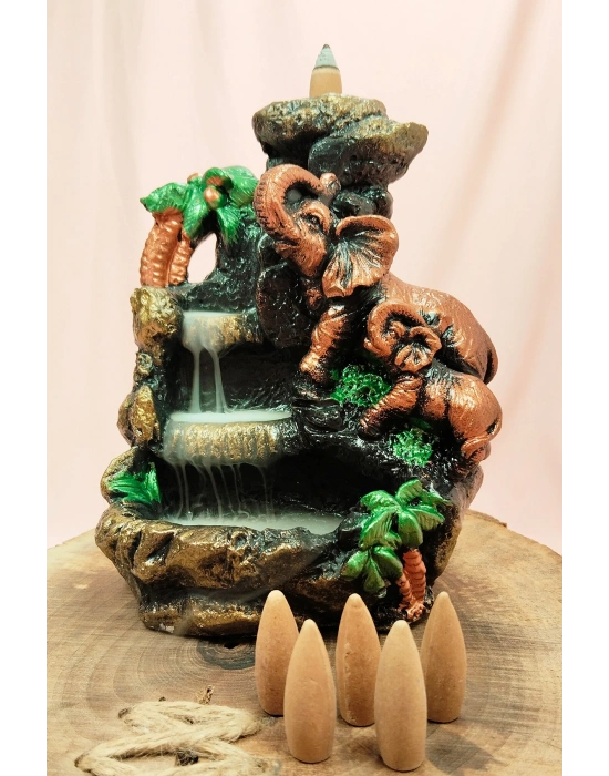 Buyuk Boy Fil Figürlü Biblo Model Geri Akış Şelale Tütsülük 5 Adet Koni Hediye