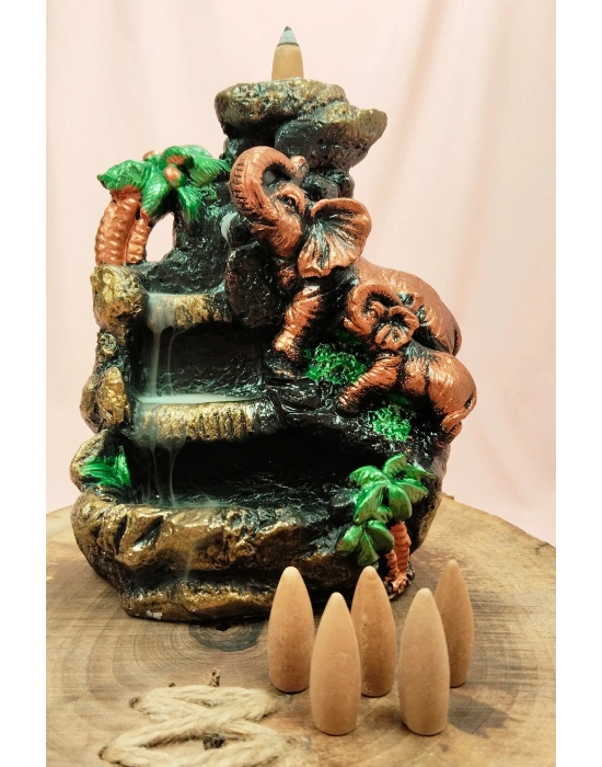 Buyuk Boy Fil Figürlü Biblo Model Geri Akış Şelale Tütsülük 5 Adet Koni Hediye