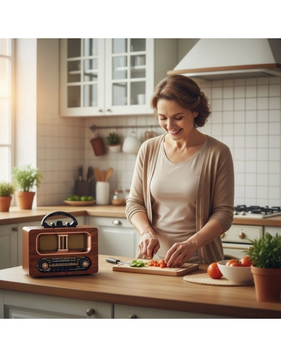 ®  Büyük Boy Retro, Nostaljik, Ahşap Tasarım Bluetooth Hoparlörlü, Şarjlı, Taşınabilir FM/AM Destekli Radyo NS-6635