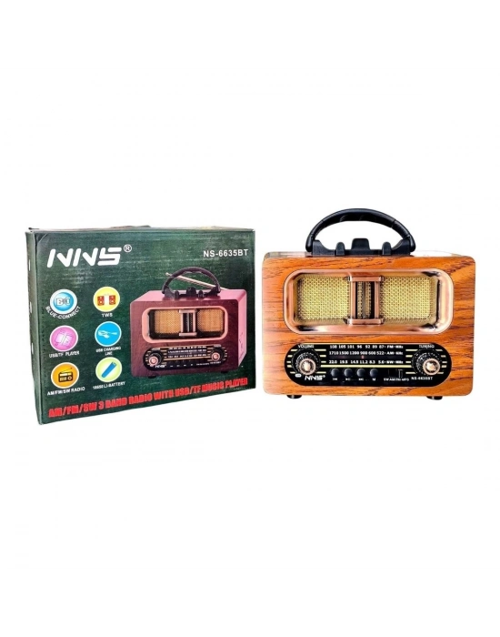 ®  Büyük Boy Retro, Nostaljik, Ahşap Tasarım Bluetooth Hoparlörlü, Şarjlı, Taşınabilir FM/AM Destekli Radyo NS-6635