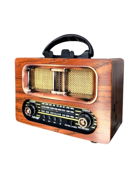 ®  Büyük Boy Retro, Nostaljik, Ahşap Tasarım Bluetooth Hoparlörlü, Şarjlı, Taşınabilir FM/AM Destekli Radyo NS-6635