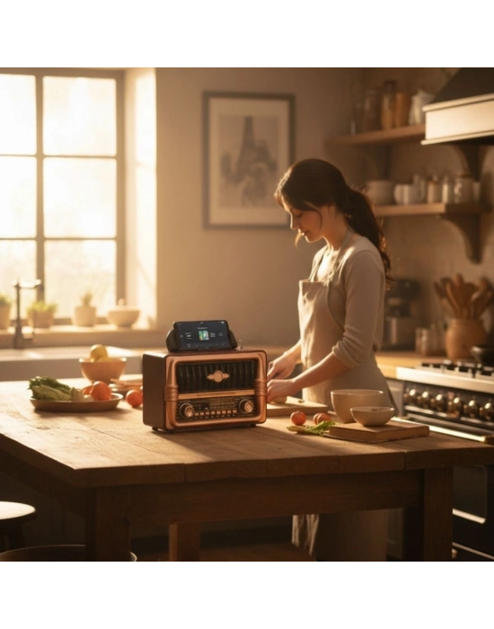 ®  Büyük Boy Telefon Tutma Aparatlı Retro Ahşap Tasarım Bluetooth Hoparlörlü Radyo – FM/AM Destekli, Şarjlı ve Taşınabilir Radyo NS-8079