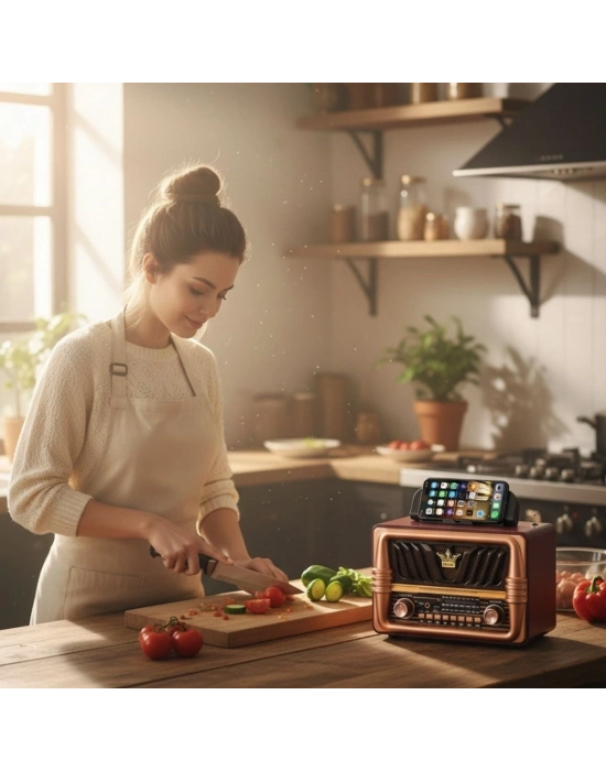 ®  Büyük Boy Telefon Tutma Saplı Retro Ahşap Tasarım Bluetooth Hoparlörlü Radyo – FM/AM Destekli, Şarjlı ve Taşınabilir Radyo NS-8077