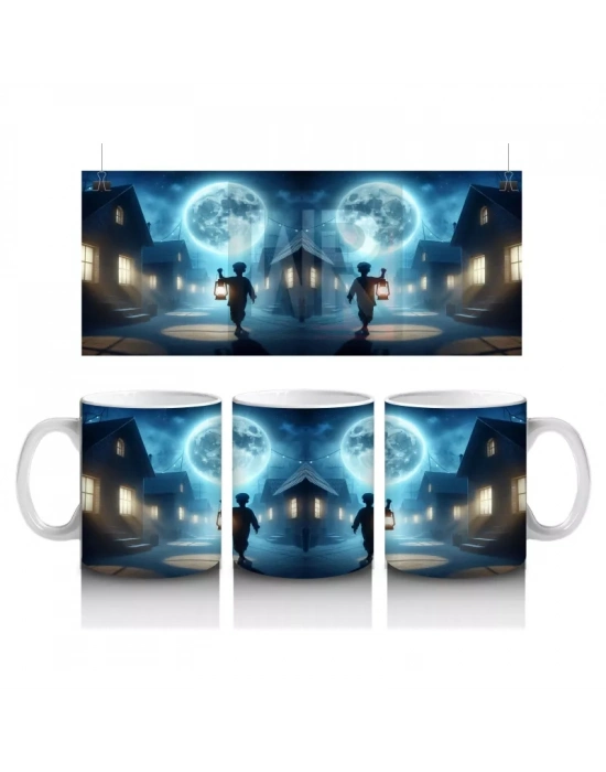 Büyülü Işık Halkasında Ayin Yapan Silüet Figürlü Cadılar Bayramı Baskılı Kupa Bardak