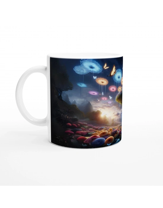 Büyülü Mantar Ormanı ve Uçan Çiçekler Baskılı Kupa Bardak