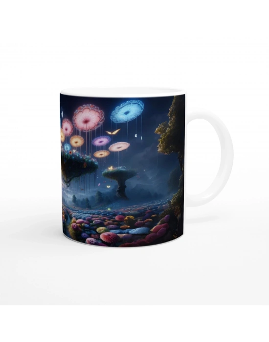 Büyülü Mantar Ormanı ve Uçan Çiçekler Baskılı Kupa Bardak