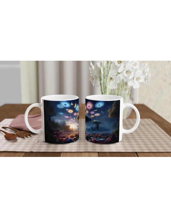 Büyülü Mantar Ormanı ve Uçan Çiçekler Baskılı Kupa Bardak