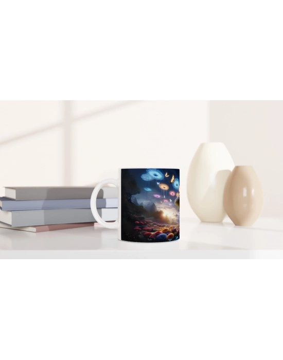 Büyülü Mantar Ormanı ve Uçan Çiçekler Baskılı Kupa Bardak