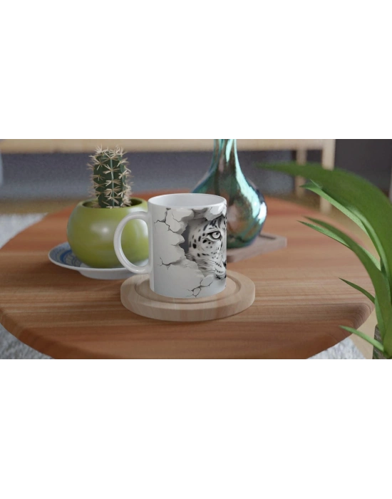 Buz Gibi Bakışlı Kar Leoparı Desenli Baskılı Kupa Bardak