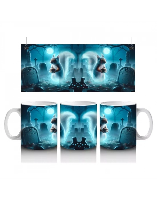 Buz Mavisi Alevler Arasında Dans Eden Hayalet Figürlü Cadılar Bayramı Baskılı Kupa Bardak