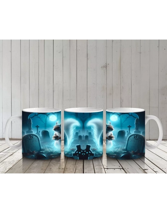 Buz Mavisi Alevler Arasında Dans Eden Hayalet Figürlü Cadılar Bayramı Baskılı Kupa Bardak