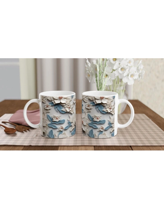 Buz Mavisi Çiçek Desenli Kupa Bardak