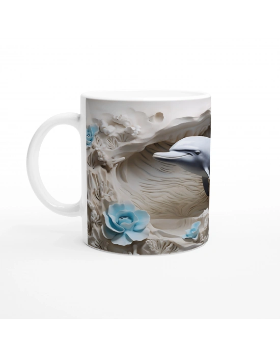 Buz Mavisi Çiçeklerle Yunus Desenli Su Altı Temalı Kupa Bardak