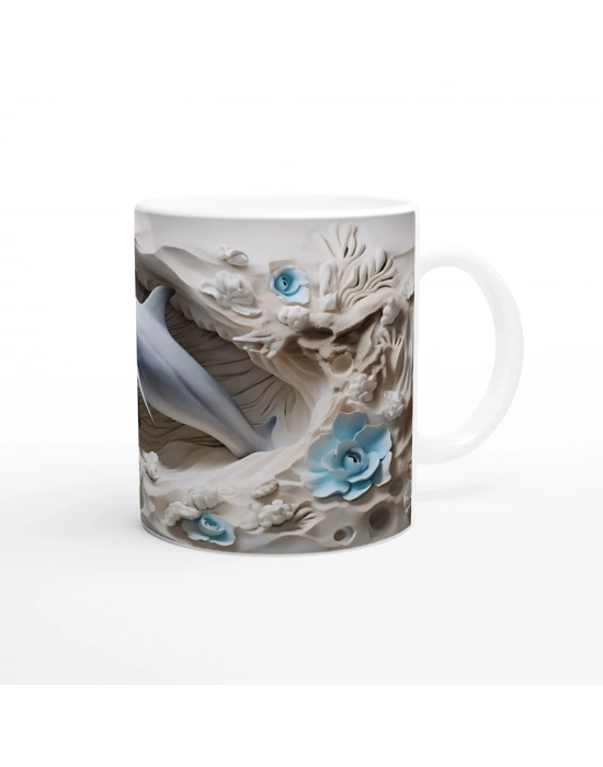 Buz Mavisi Çiçeklerle Yunus Desenli Su Altı Temalı Kupa Bardak