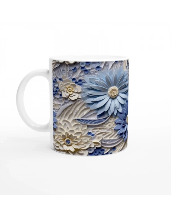 Buz Mavisi Rölyef Çiçek Desenli Kupa Bardak