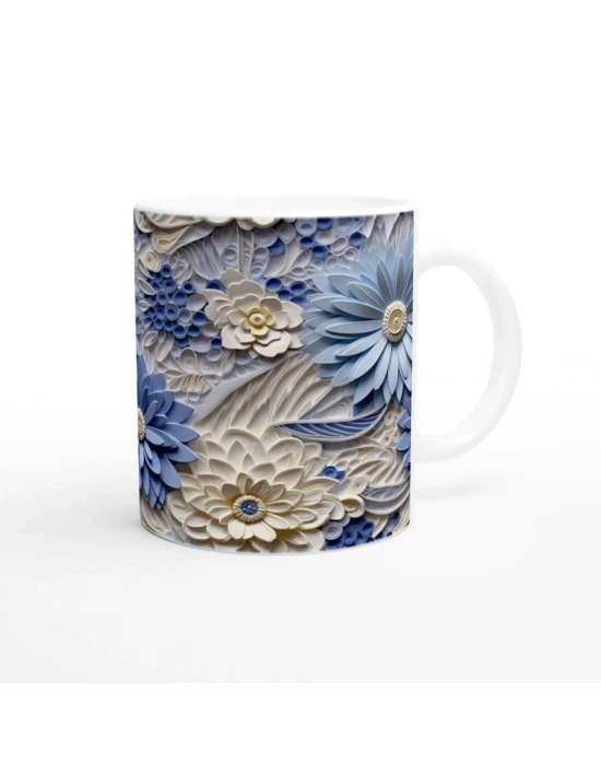 Buz Mavisi Rölyef Çiçek Desenli Kupa Bardak