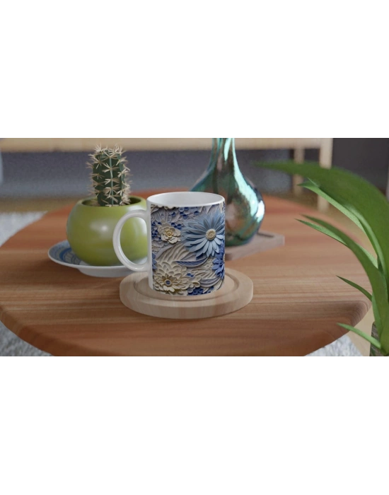 Buz Mavisi Rölyef Çiçek Desenli Kupa Bardak