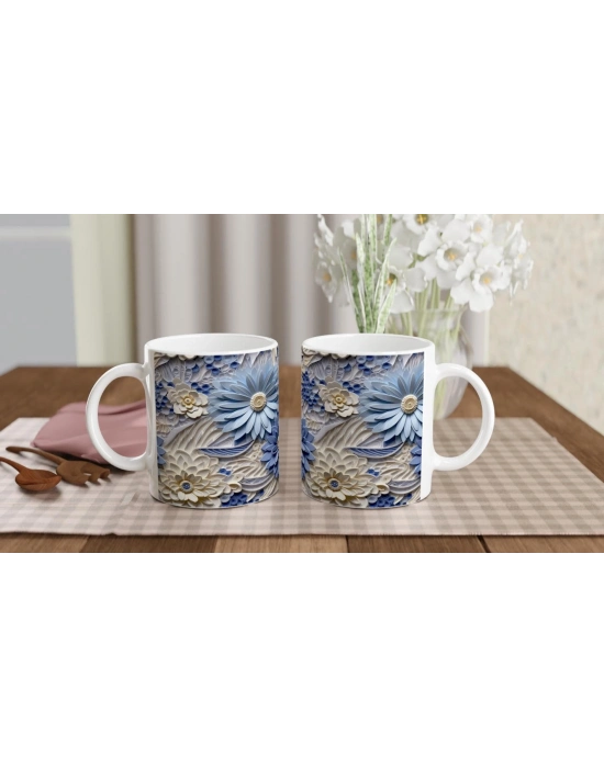 Buz Mavisi Rölyef Çiçek Desenli Kupa Bardak