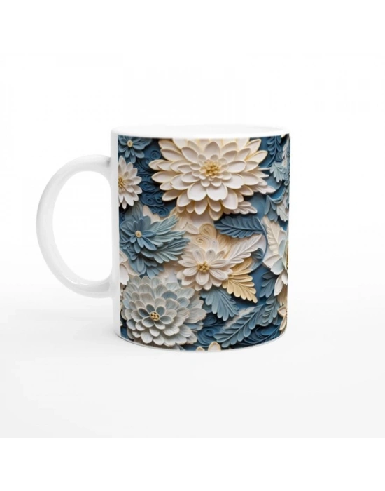 Buz Mavisi ve Krem Rölyef Çiçeklerle Kupa Bardak