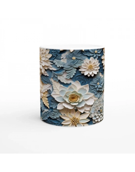 Buz Mavisi ve Krem Rölyef Çiçeklerle Kupa Bardak