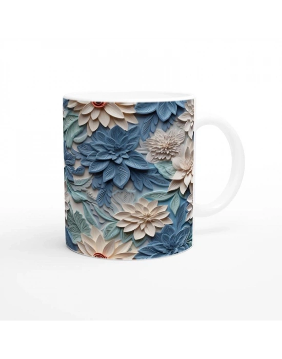 Buz Mavisi Yaprak ve Krem Çiçek Desenli Kupa Bardak