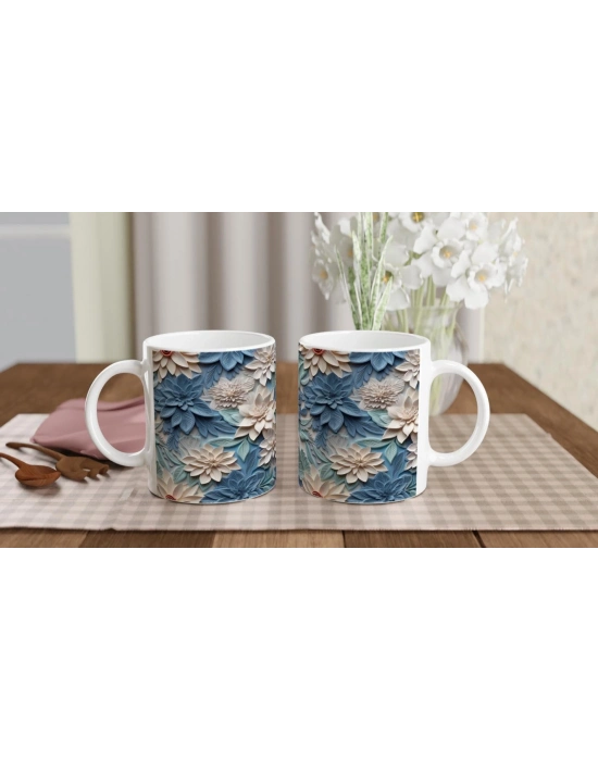 Buz Mavisi Yaprak ve Krem Çiçek Desenli Kupa Bardak