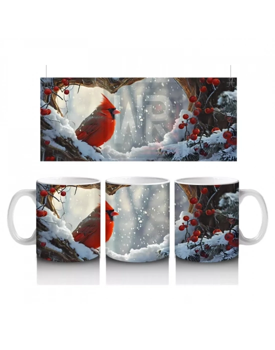 Buzlu Dallarda Kardinal Kuşu – Baskılı Kahve Kupası