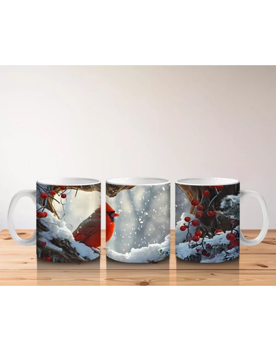 Buzlu Dallarda Kardinal Kuşu – Baskılı Kahve Kupası