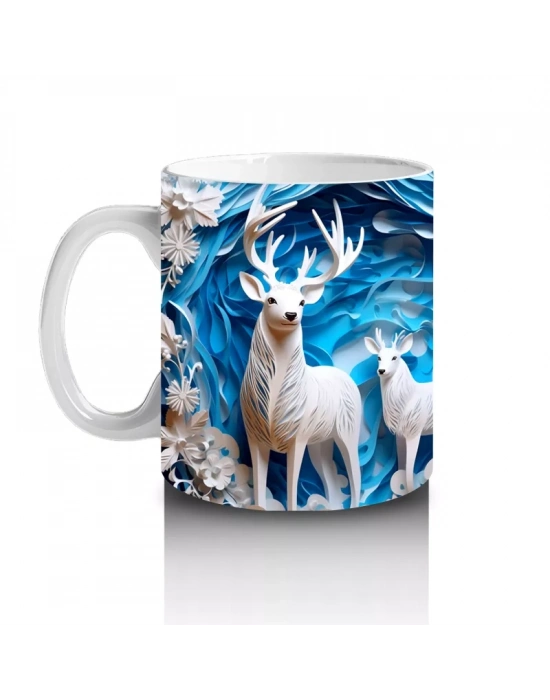 Buzlu Orman Arasında Beyaz Geyikler – Baskılı Kahve Kupası