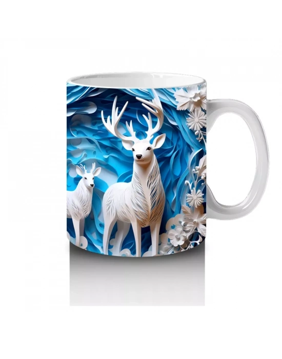 Buzlu Orman Arasında Beyaz Geyikler – Baskılı Kahve Kupası