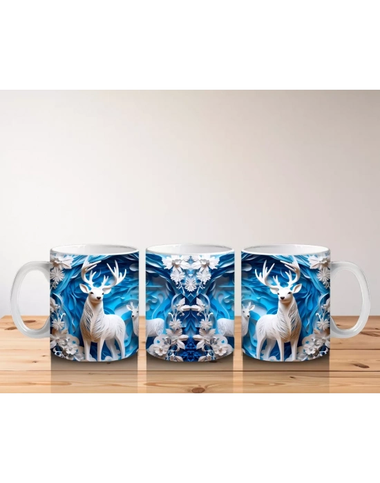 Buzlu Orman Arasında Beyaz Geyikler – Baskılı Kahve Kupası