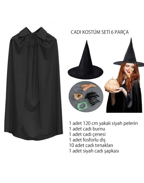Cadı Kostüm Seti 6 Parça - Şapka Pelerin Diş Tırnaklar Çene Ve Burun