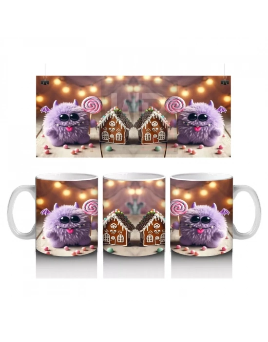 Cadı Şapkası Takmış Sevimli Hayaletler ve Kurabiye Ev Temalı Cadılar Bayramı Baskılı Kupa